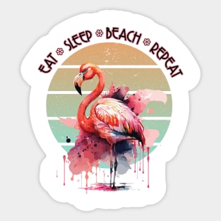 Eat Sleep Beach Repeat Pink Flamingo Retro Sunset Watercolor Art Sticker